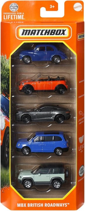 Matchbox 2024 MBX British Roadways 5 Pack HVT62 Morris Minor, MINI Cooper, Jaguar F-Type, LEVC, Land Rover Defender