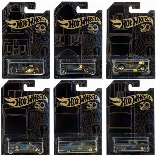 Hot Wheels 50e anniversaire noir et or, lot de 6 voitures moulées sous pression 